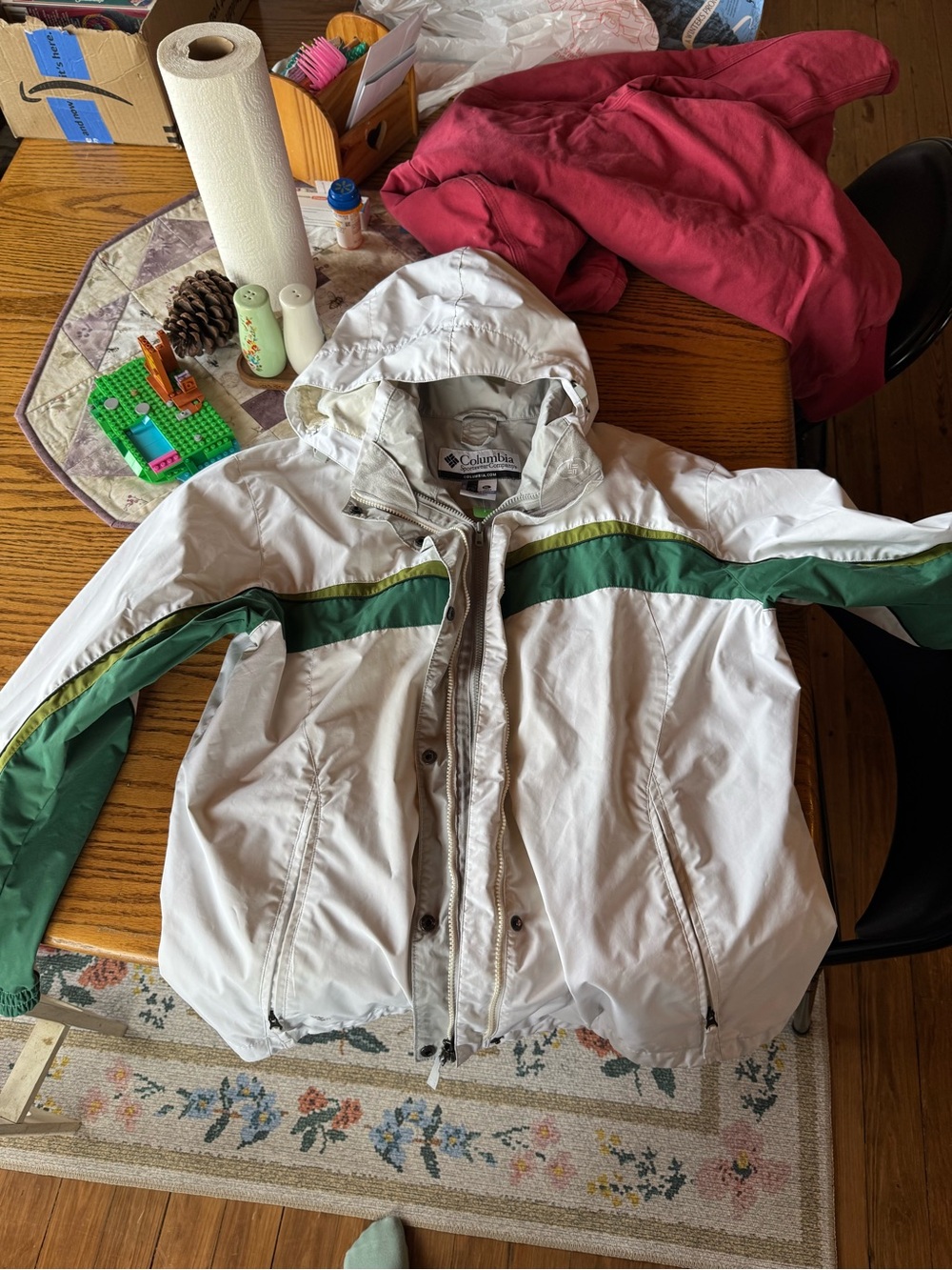 Columbia Women's White Hooded Raincoat with Green Stripe